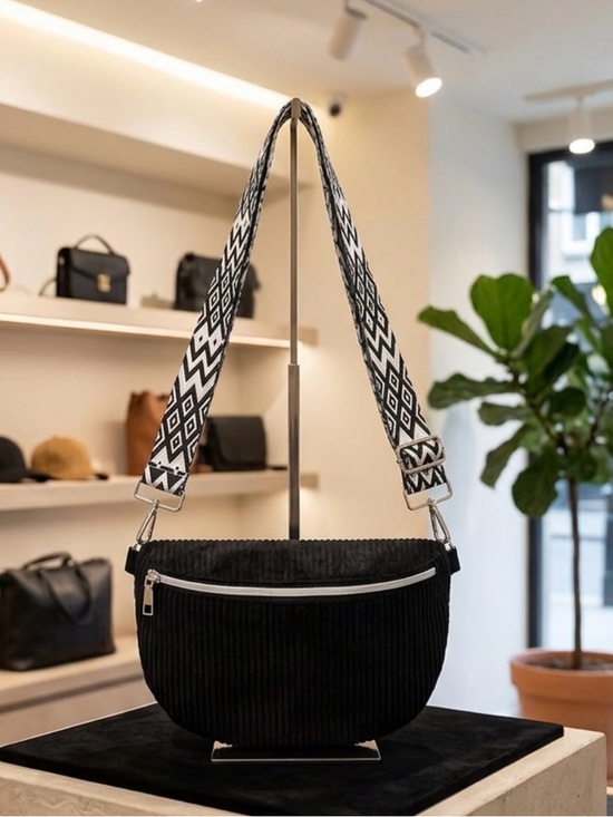 Handbags - Black Corduroy Crossbody Bag with Patterned Strap